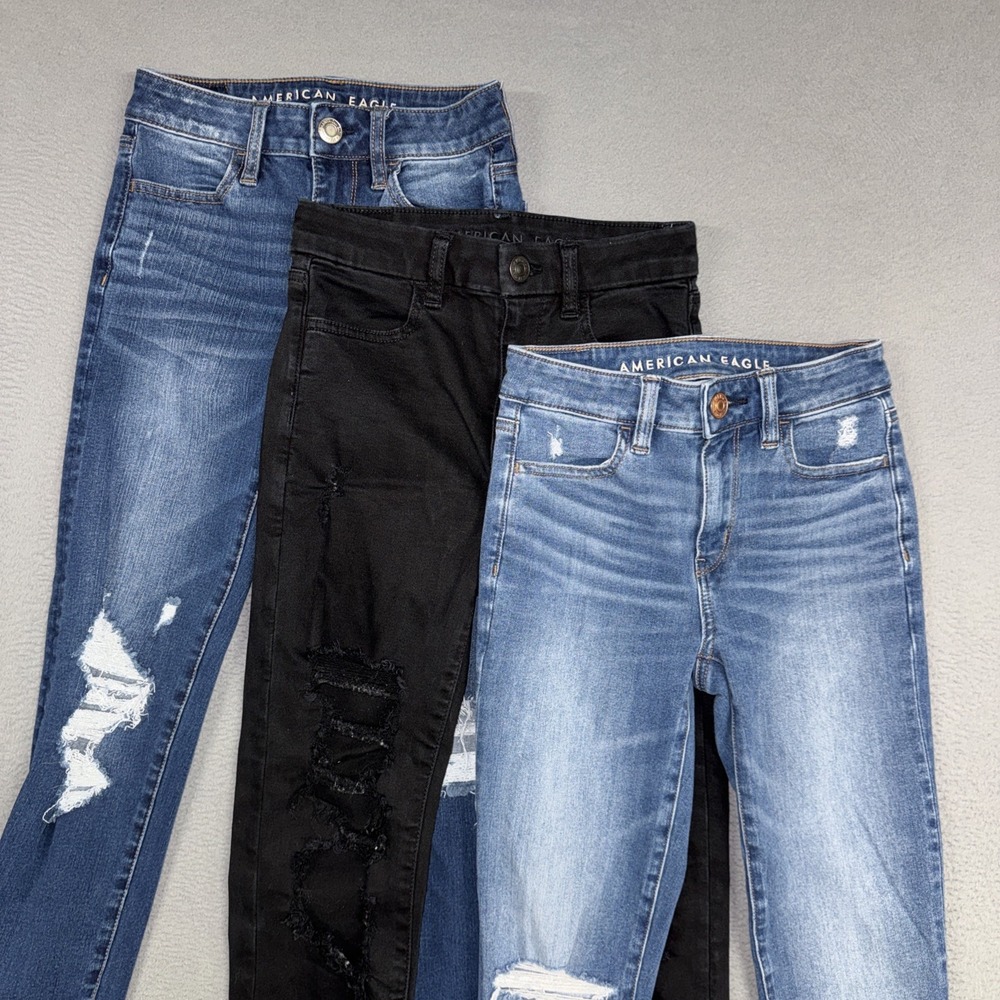 American Eagle Jeans Lot Bundle Womens 00 Short Blue Black Hi Rise Jegging Denim